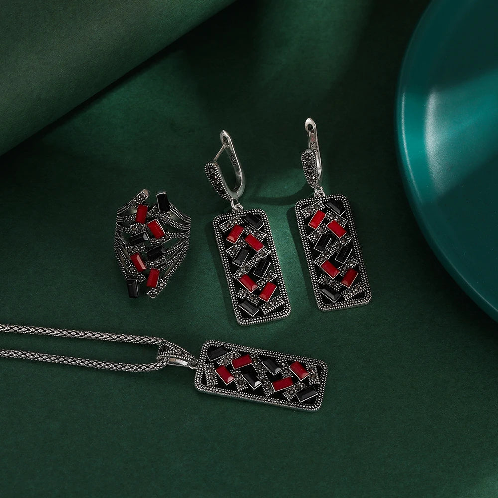 Ajojewel Black/Red Green Bohemian Jewelry Set For Women Colorful Zircon Crystal Geometric Ring Earrings Necklace & Pendant