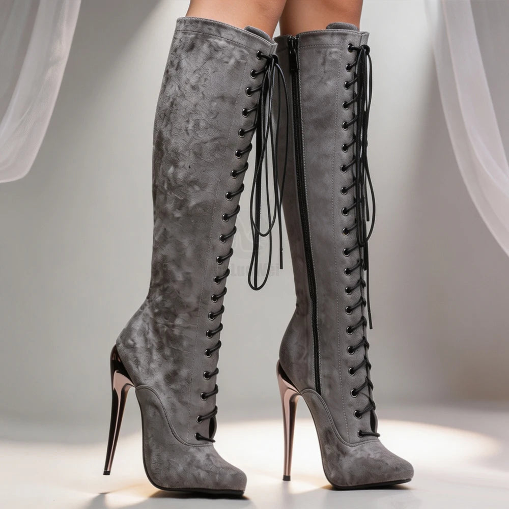 Unisex Purple Suede Lace-Up Knee High Boots 15cm/6" Stiletto Heel Sexy Nightclub Pole Dancing Cosplay Shoes Plus Size 36-46