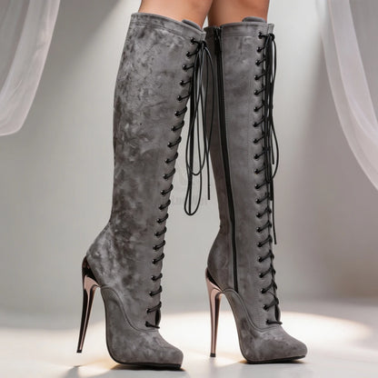 Unisex Purple Suede Lace-Up Knee High Boots 15cm/6" Stiletto Heel Sexy Nightclub Pole Dancing Cosplay Shoes Plus Size 36-46