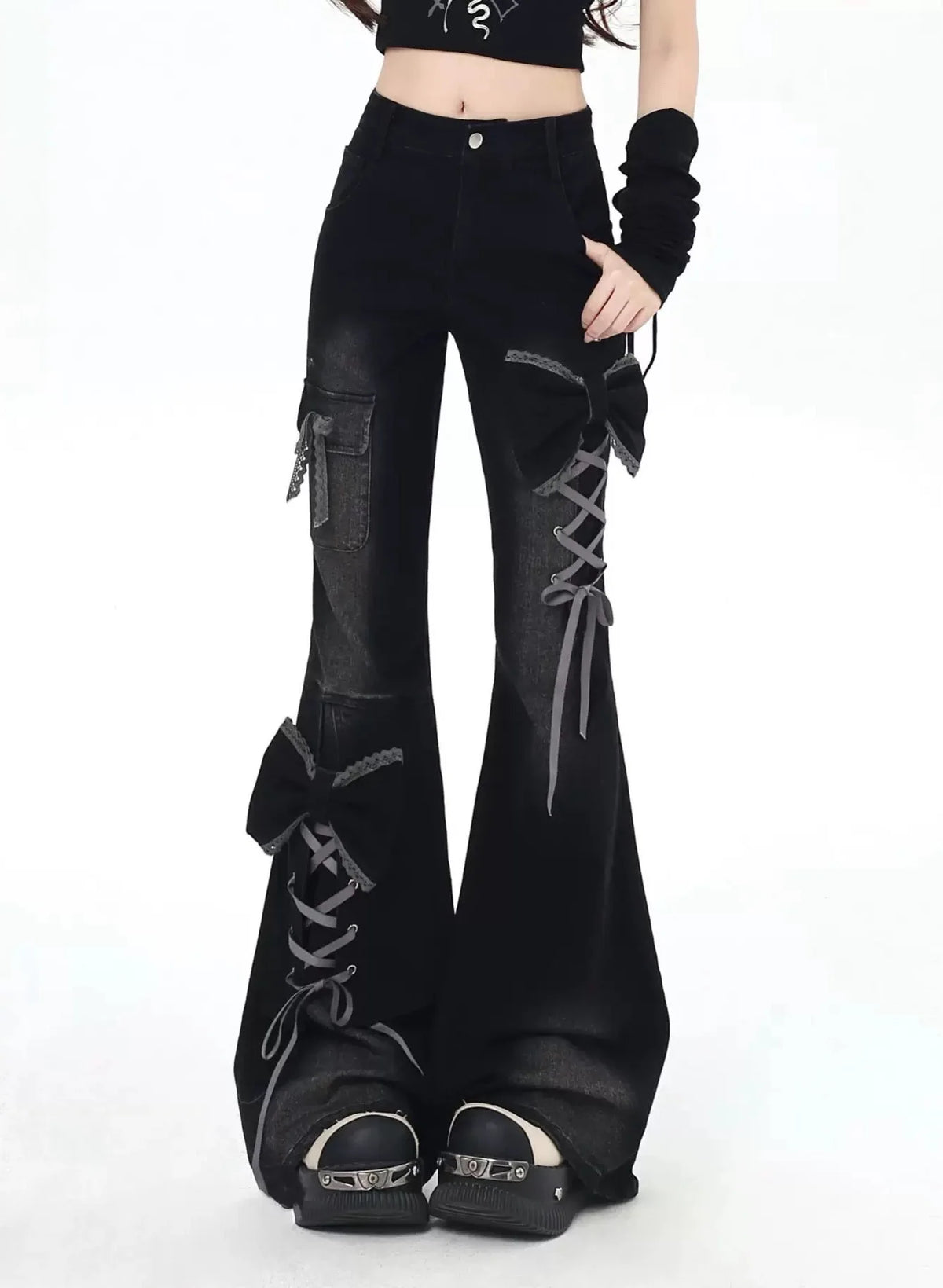 Y2K Bow Jeans Women 3D Design High Waist Slim Fit Flared Pants Spicy Girl