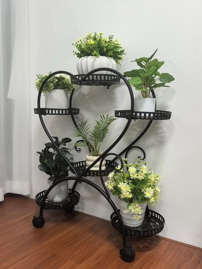Black Metal Rolling Plant Stand Heart-Shaped Garden Display Rack with Wheels for Home And Garden Decor