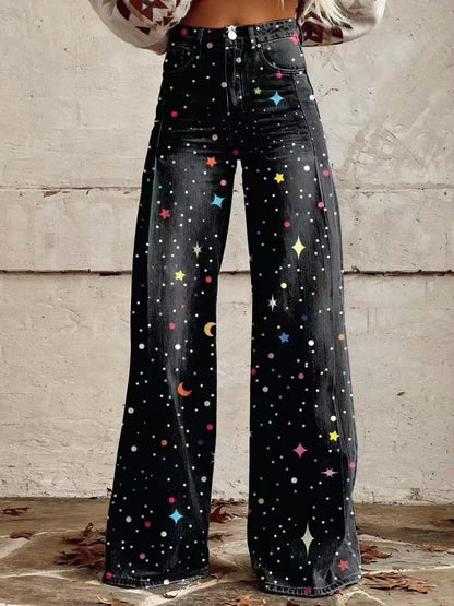 Women's 3D Printed Flare Jeans-Polyester Wide Leg Pants with Distressed Vintage Look, High Waist Comfort Fit for Street Fashion