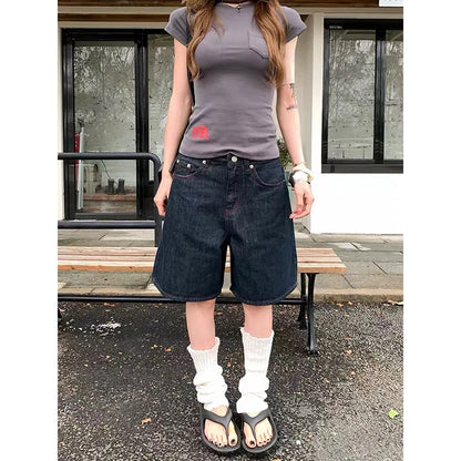 YIBASHU Summer Women American Retro Jorts Punk Jean Shorts Black Y2K 2000s Harajuku Denim Calf-Length Pant Japanese High Street