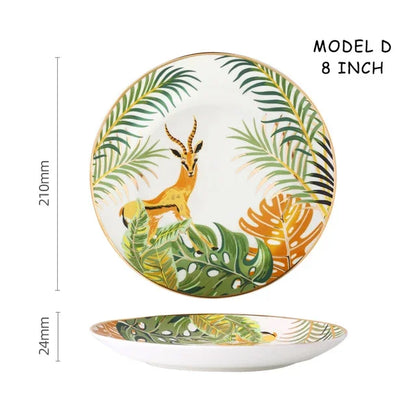 Dinnerware Set Colorful Forest Animal Design Plate Steak Tray Flat Ceramic Tableware 10inch Dish Christmas Gift Gold