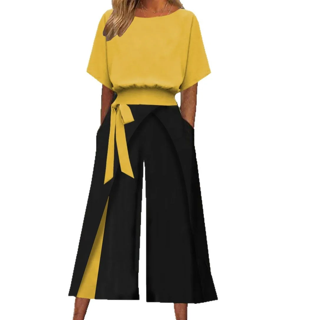 Women's Contrasting Two-piece With Solid Color Five Quarter Sleeve Top Fashionable Contrasting Lace Up Nine Quarter Pants Set