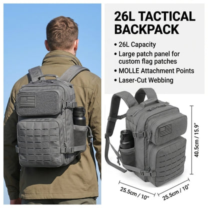 26L Tactical Backpack Men Women MOLLE Outdoor Survival Fitness Hiking Rucksack With Dual Double Cup Holders Camping Travel Daily Use Backpack