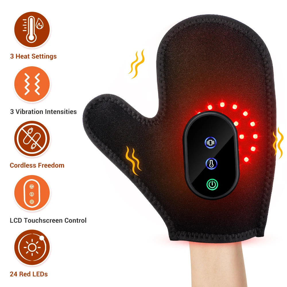 Portable Electric Red LED Light Hand Massager with Heat Compression Cordless Glove Massage Fingers Palm Full Wrapped Relaxation