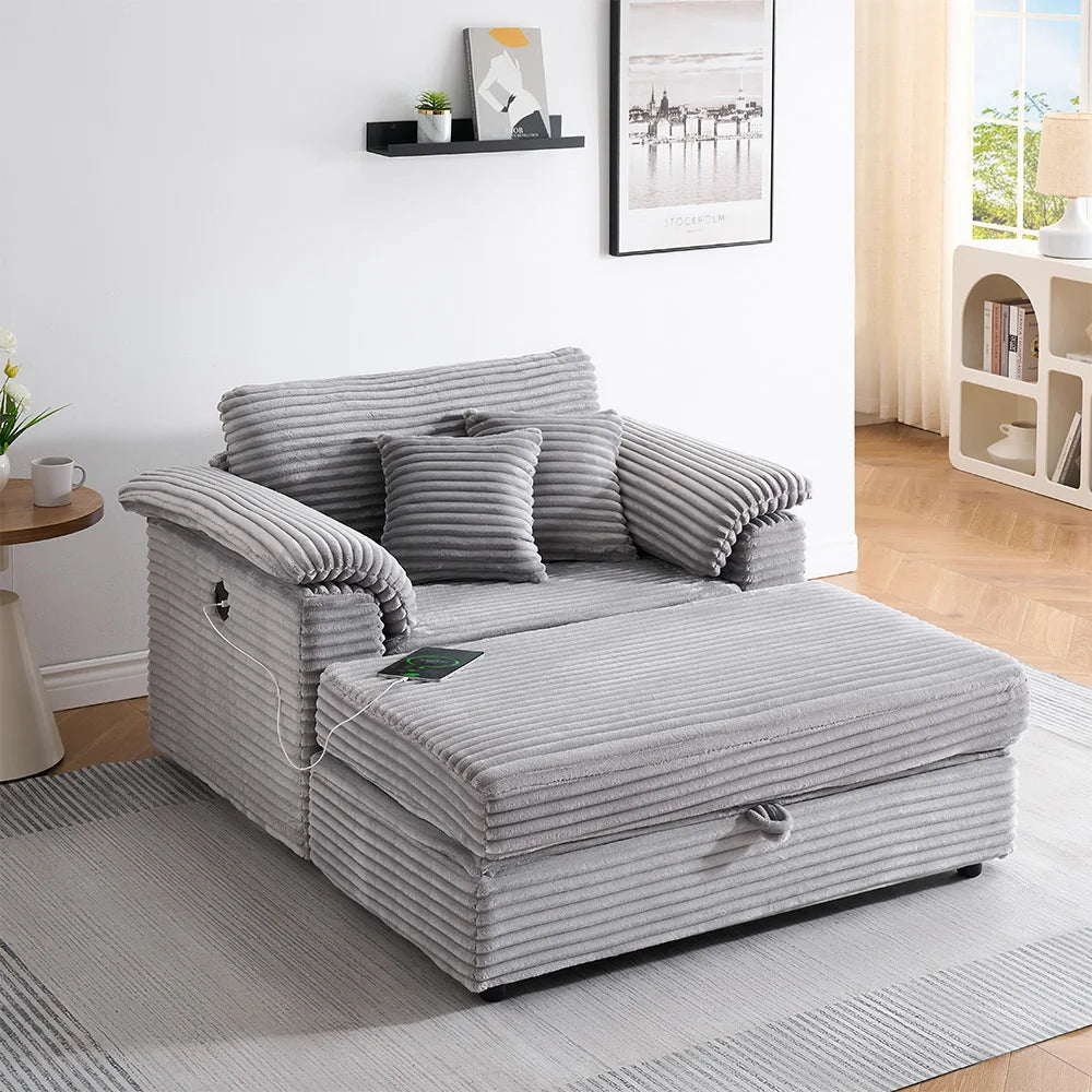 47.24-Inch Corduroy Armchair Storage Ottoman Set Single Sofa Equipped With USB Interface Suitable for Living Room Bedroom