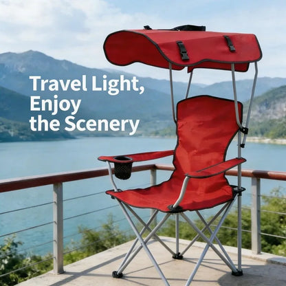 Portable Folding Camping Chair With Adjustable Sun Canopy, Heavy Duty Beach Lawn Chair With Cup Holder Side Pocket, Lightweight Foldable Outdoor Chair For Fishing Picnic Poolside Travel Garden