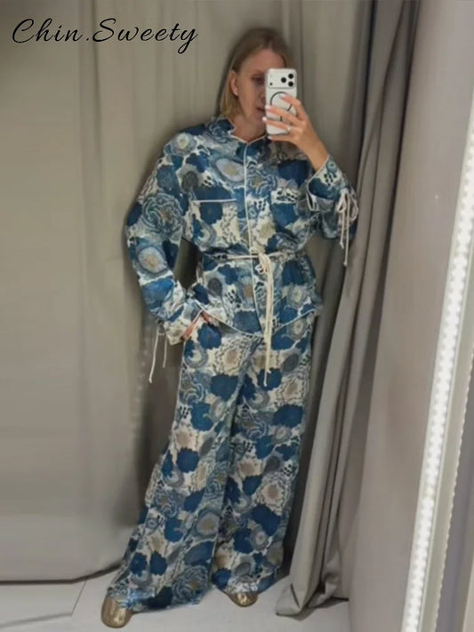 Casual Women's Printed Blouses Pant Set Loose Long Sleeve Lapel Lace