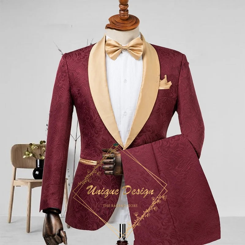 Champagne Men's Suit 2-Piece Set Satin Shawl Lapel Jacquard Jacket Pants Elegant Set for Wedding Groom Summer Party Dating Prom