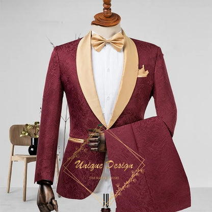 Champagne Men's Suit 2-Piece Set Satin Shawl Lapel Jacquard Jacket Pants Elegant Set for Wedding Groom Summer Party Dating Prom