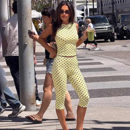 Women Polka Dot 2 Piece Outfit Sleeveless Crew Neck Crop Tank Top High Waist Capri Leggings Matching Sets Y2K Streetwear Co Ord