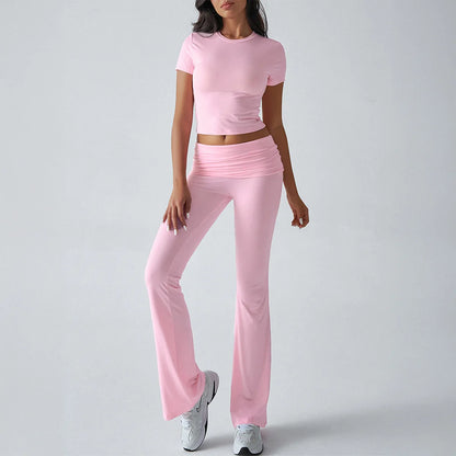Women's Sexy Tops Suits 2026 Summer Latest Casual Solid Color Yoga Suit Slim Fit Sports Short Sleeved Pants Two-Piece Set Outfit