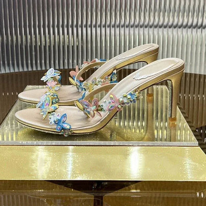 Women Thin High Heels Elastic Strap Gladiator Sandals Bling Rhinestone Flower Decor Sandalias  Summer Bridesmaid Dress Shoes