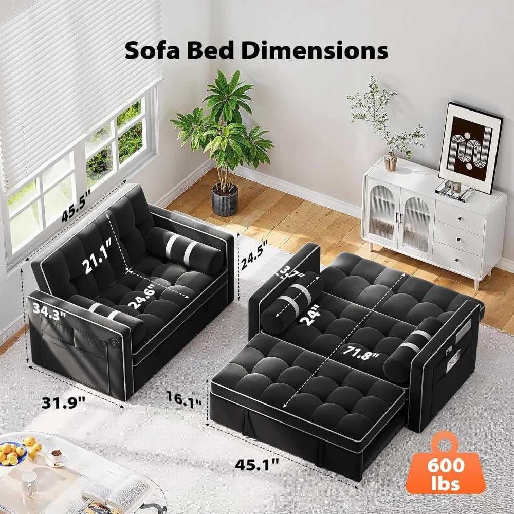 3-in-1 Sleeper Sofa Bed w/ USB & Type-C, Side Pockets, Velvet, Adjustable Backrest, Deep Seat, for Apt/Living Room/Office