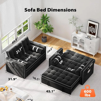 3-in-1 Sleeper Sofa Bed w/ USB & Type-C, Side Pockets, Velvet, Adjustable Backrest, Deep Seat, for Apt/Living Room/Office
