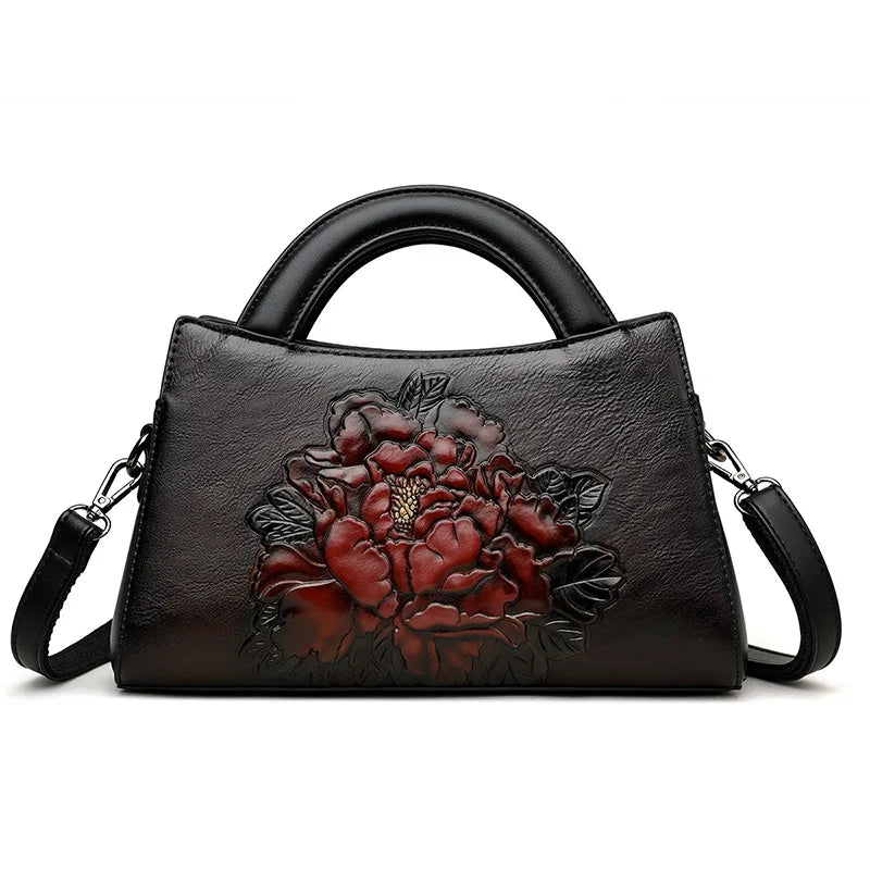 Peony Print Handbag Single Shoulder Bag Women's Retro Style National Trend Crossbody Bag Medium Hardness Daily Use Zipper Clo...