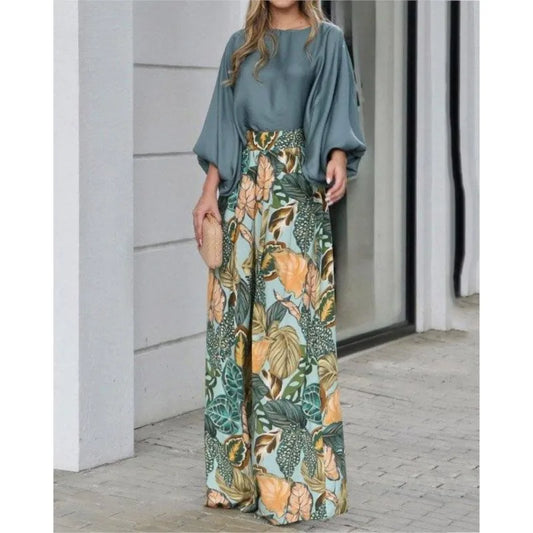 New Women's Clothing Set Lantern Sleeves Loose Top Printed Wide Leg Pants Two Piece Set Casual Ladies Trouser Outfit 2025 Summer