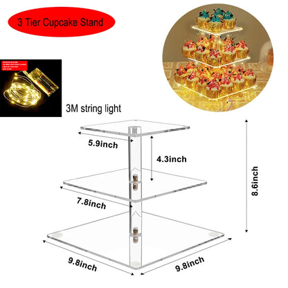 3 Tier Clear Square Cupcake Stand Premium Acrylic Cake Tower Display Holder With LED Light String For Wedding Birthday Party