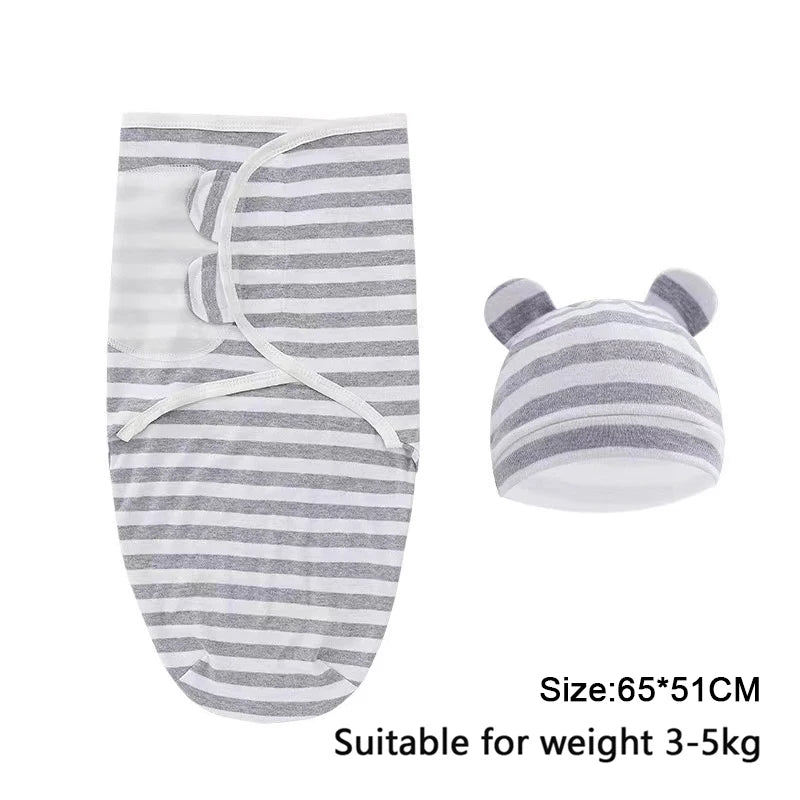Baby Blanket Hat Set Cartoon Printed Cotton Newborn Swaddle Adjustable