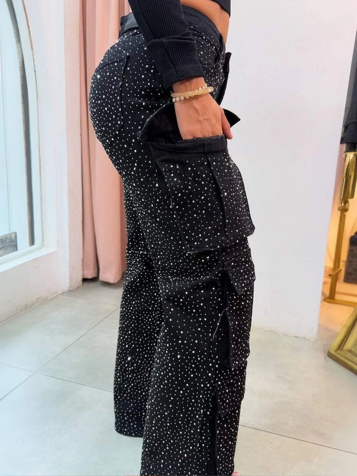 2026 New High Waist Black Rhinestone Multi-pocket Work Jeans, Street Style, High Quality Fashionable Straight Jeans, a Must-have for Street Style