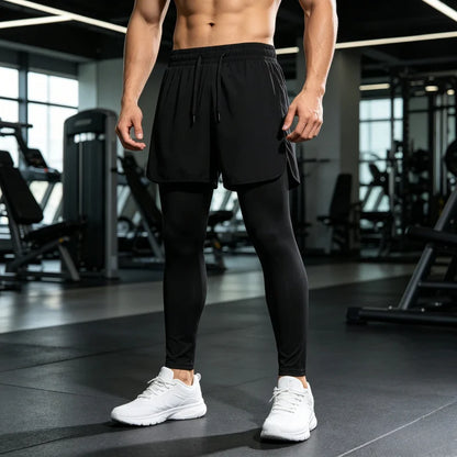 Men's 2-in-1 Sports Shorts, Training Tracksuit Set, Men's Running Jogger Pants for Marathon & Basketball Training