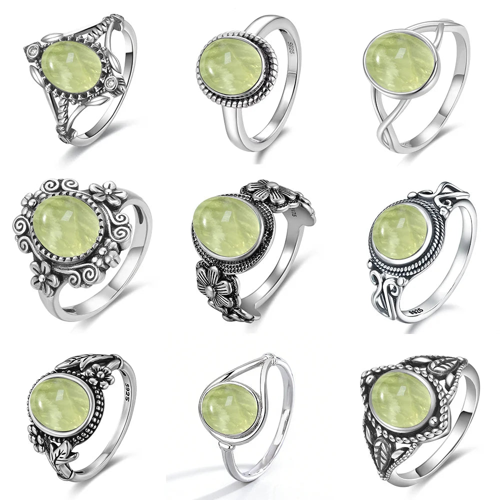 925 Sterling Silver Ring with Natural Prehnite Stone 8*10mm Oval Shape