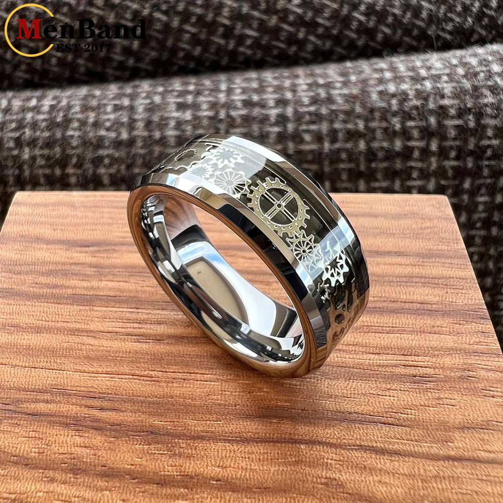 MenBand Unique 6/8mm Tungsten Carbide Rings Wedding Band Gear Wheel Blue Carbon Fiber Inlay Fashion Jewelry Comfort Fit