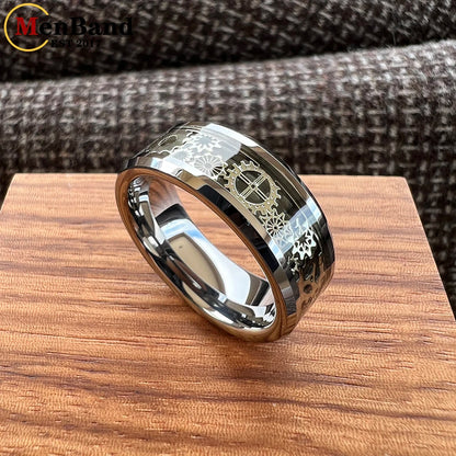 MenBand Unique 6/8mm Tungsten Carbide Rings Wedding Band Gear Wheel Blue Carbon Fiber Inlay Fashion Jewelry Comfort Fit