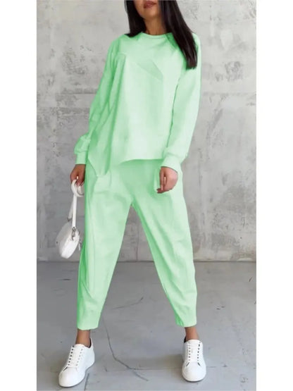 Autumn Winter Solid Color Casual Loose Irregular Long Sleeve Hoodie Women's Suit Fashion Simple Harun Pants Female 2 Piece Set