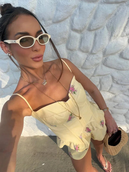 Bandeau Print Spaghetti Strap Shorts Two-piece Set Boned Shaping French Floral Ruffled Waist Corset Set 2026 Summer New Outfit