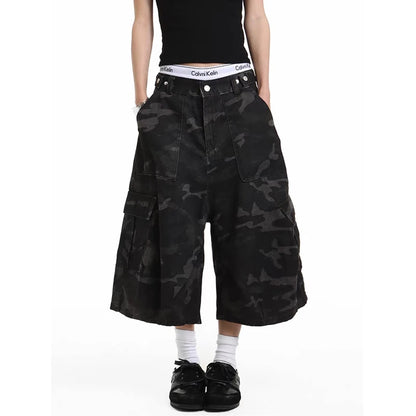 YIBASHU Women Cargo Short Jeans American Vintage Y2K 2000s Streetwear Camouflage Wide Leg Pants Summer Knee Length Denim Shorts