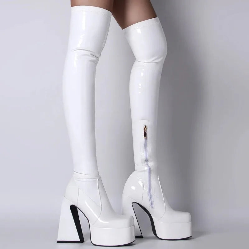 Women's Black Pyramids High Heels Thigh High Boots Sexy Platform White Over The Knee Party Shoes High Quality Big Size 43