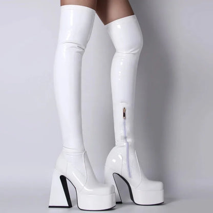 Women's Black Pyramids High Heels Thigh High Boots Sexy Platform White Over The Knee Party Shoes High Quality Big Size 43