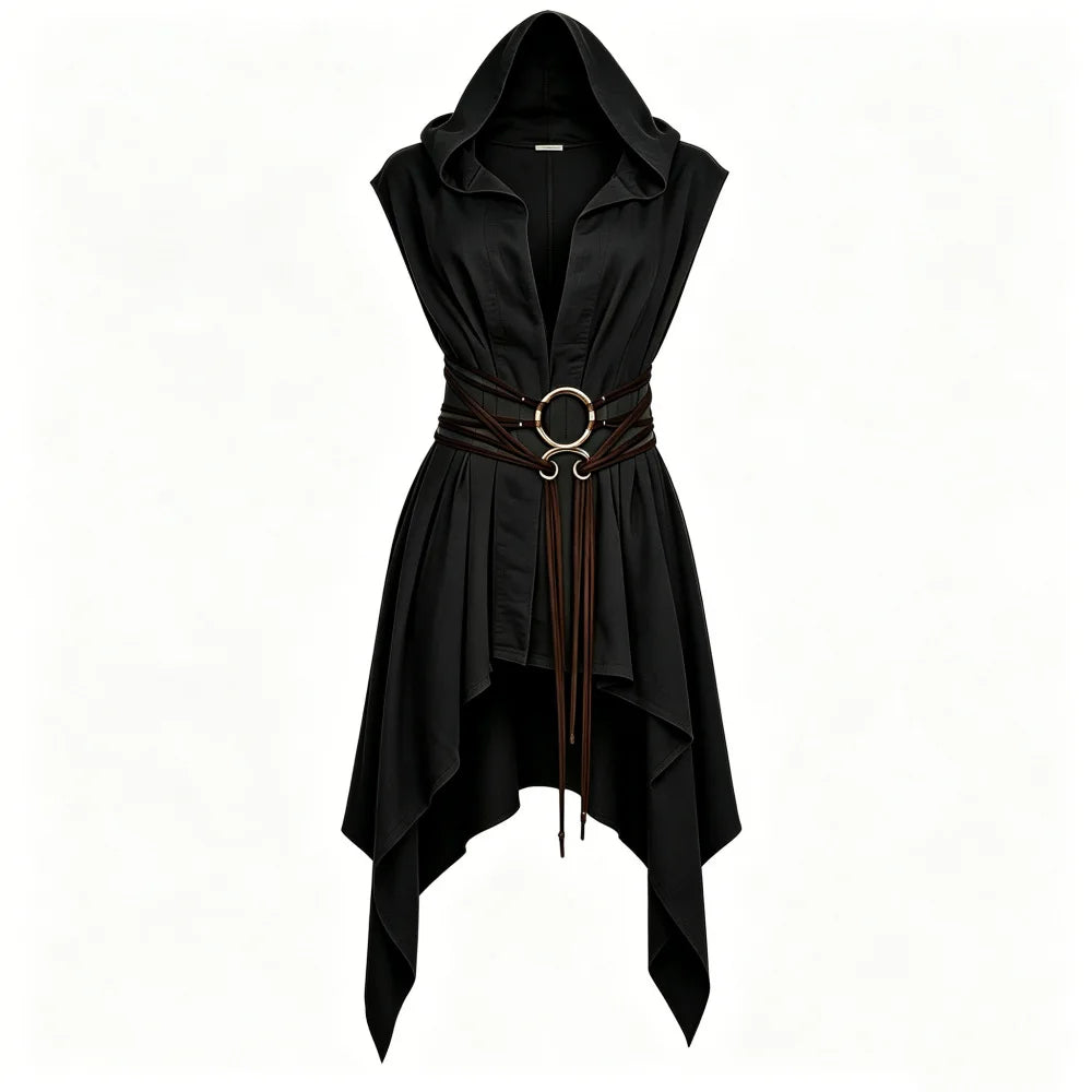 Women Irregular Hem Renaissance Elf Tunic Robe Medieval Ranger Hooded Sleeveless Cloak Belt for LARP Halloween Witch Hunter
