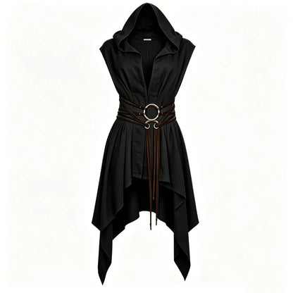 Women Irregular Hem Renaissance Elf Tunic Robe Medieval Ranger Hooded Sleeveless Cloak Belt for LARP Halloween Witch Hunter