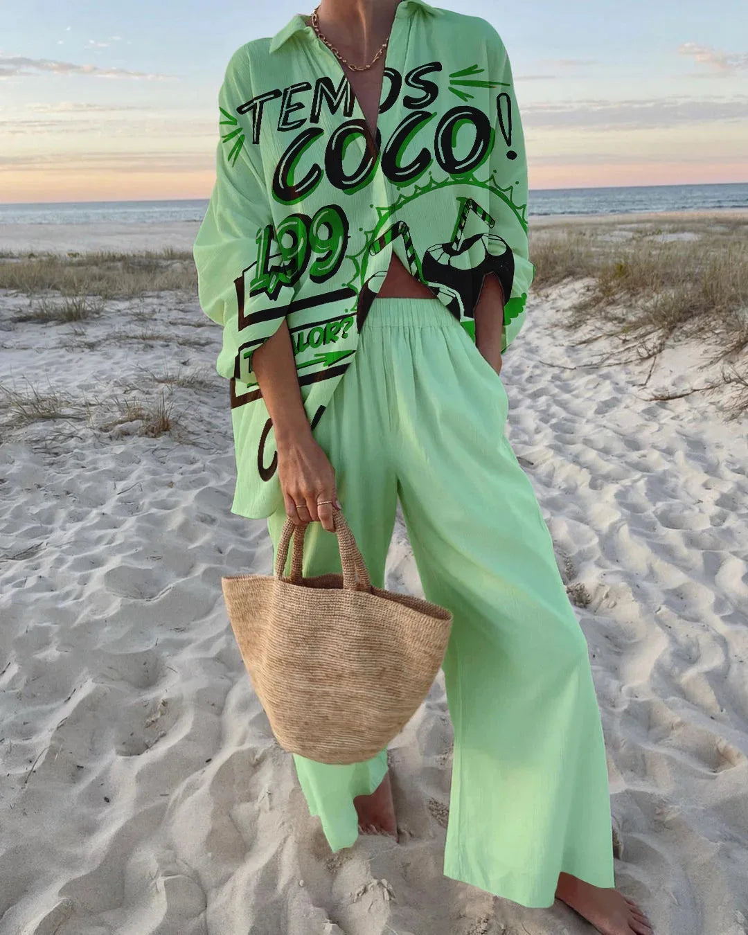 Fashion Print Beach Holiday 2-Piece Set Women Spring Summer Long Sleeve Shirt Top + Wide Legs Women's Oversized Two-Piece Outfit