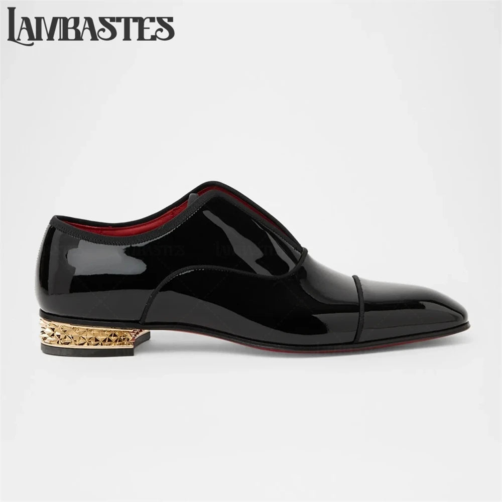 Gold Geometric Heel Patent Leather Mens Loafers Polished Glossy Upper Red Lining Formal Dress Shoes Embossed Gold Heel Loafers