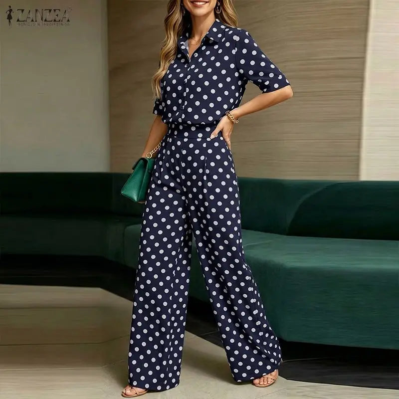 Elegant Women OL Work  Pants Sets ZANZEA Summer Lapel Neck Short Sleeve Shirt Trousers Suit Stylish Polka Dots Outfits 2 Pieces