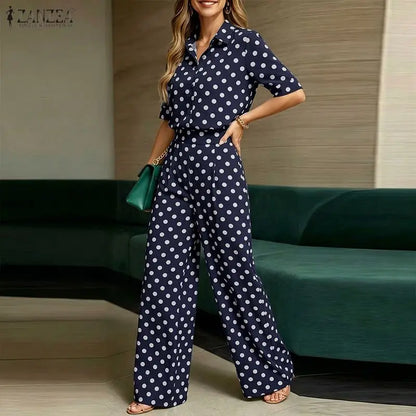 Elegant Women OL Work  Pants Sets ZANZEA Summer Lapel Neck Short Sleeve Shirt Trousers Suit Stylish Polka Dots Outfits 2 Pieces