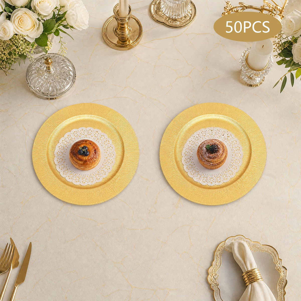Gold Round Charger Plates Set 50Pcs PP Reusable Serving Plates For Wedding Banquet Hotel Restaurant Party Table Decor
