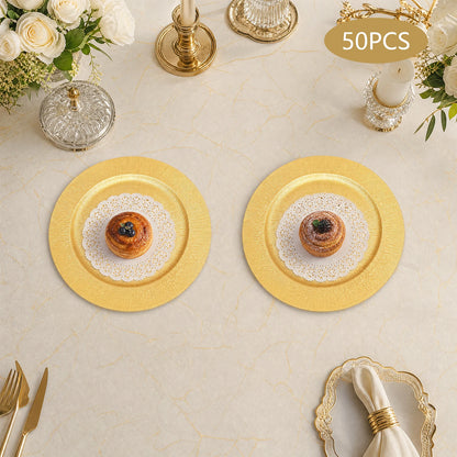 Gold Round Charger Plates Set 50Pcs PP Reusable Serving Plates For Wedding Banquet Hotel Restaurant Party Table Decor