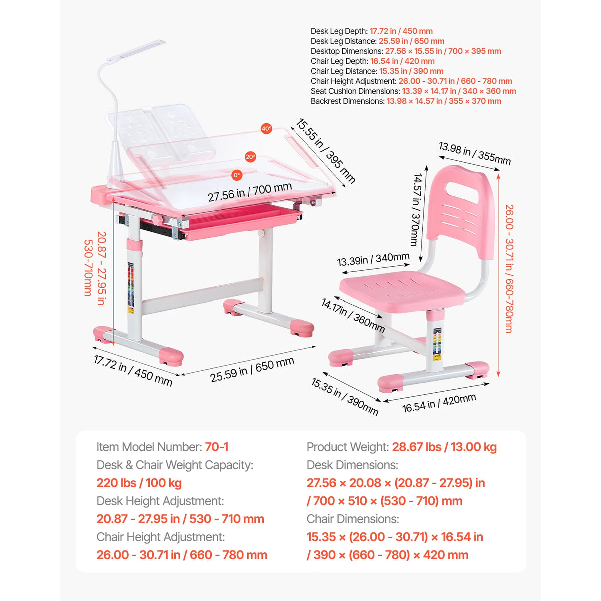 SucceBuy Kids Study Chair and Desk Set Study Desk and Chair for Kids with Table Lamp Adjustable Height  for Bedroom & Study Room