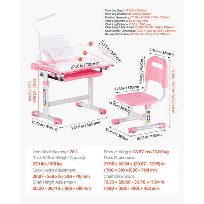 SucceBuy Kids Study Chair and Desk Set Study Desk and Chair for Kids with Table Lamp Adjustable Height  for Bedroom & Study Room