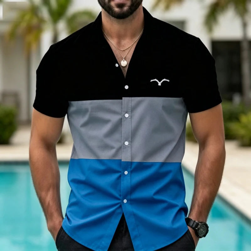 Men's short sleeved shirt with contrasting color splicing, geometric color block printed collar shirt, European and American str