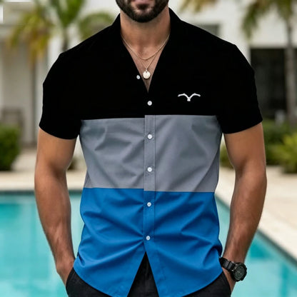 Men's short sleeved shirt with contrasting color splicing, geometric color block printed collar shirt, European and American str