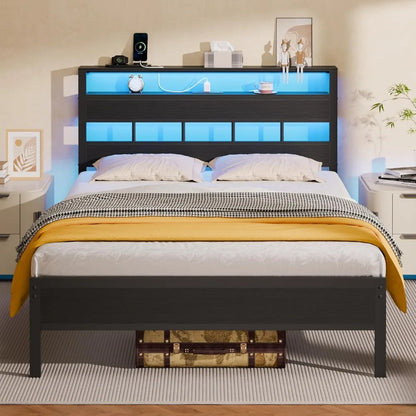 Full Bed Frame & Wood Storage Headboard,LED Light & Charging Station,2-Tier Shelves,Metal Platform,Bedroom,Full, Custom