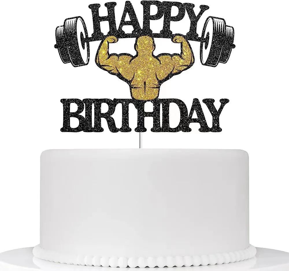 Weightlifting Cake Topper Happy Birthday Sports Pump Iron Kids Boy Man Party Baby Shower Cupcake Decoration Baking Supplies DIY