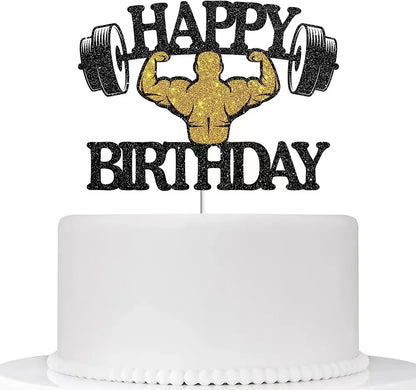 Weightlifting Cake Topper Happy Birthday Sports Pump Iron Kids Boy Man Party Baby Shower Cupcake Decoration Baking Supplies DIY